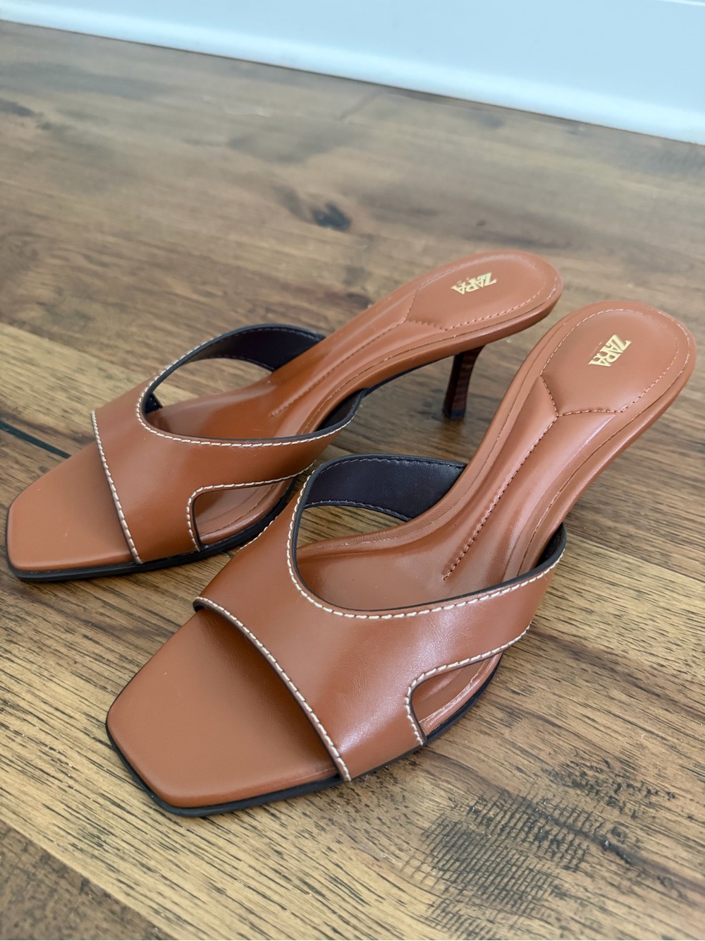 Zara Brown Leather Slide Heels — Open Square Toe Mules - Picture 2 of 4